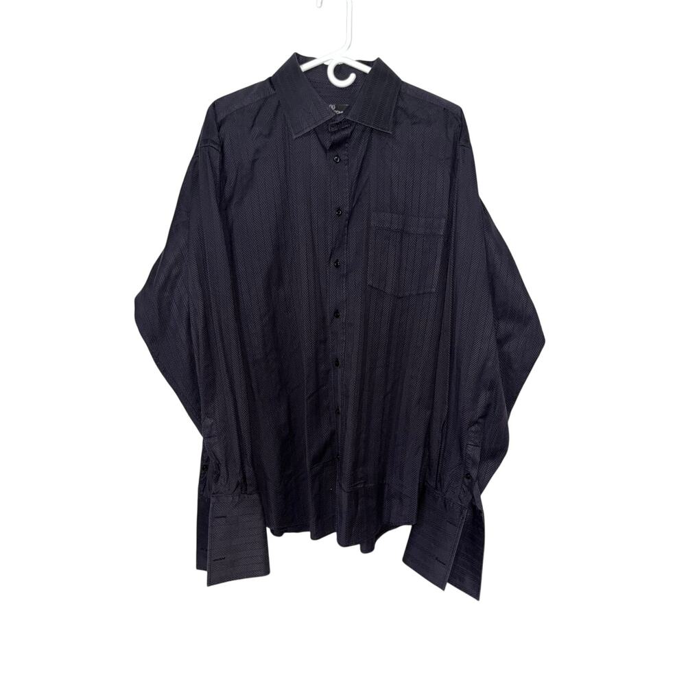 BUGATCHI UOMO Men's Dress Shirt XXL Black Herringbone Convertible Cuff Long Slev